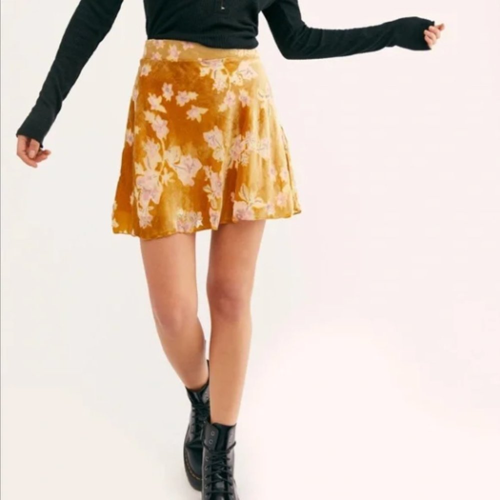 Free People Floral Skater Skirt in Mustard and Pink